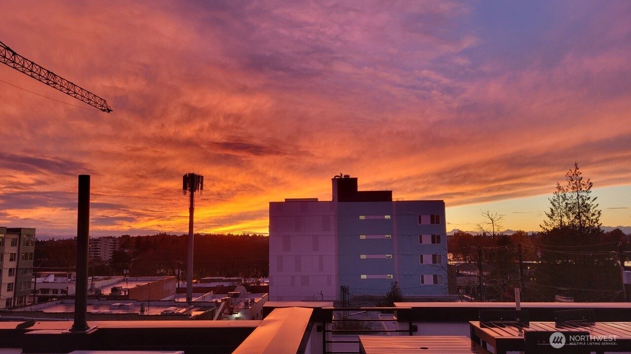 Stunning sunset view from rooftop deck overlooking Seattle neighborhood
